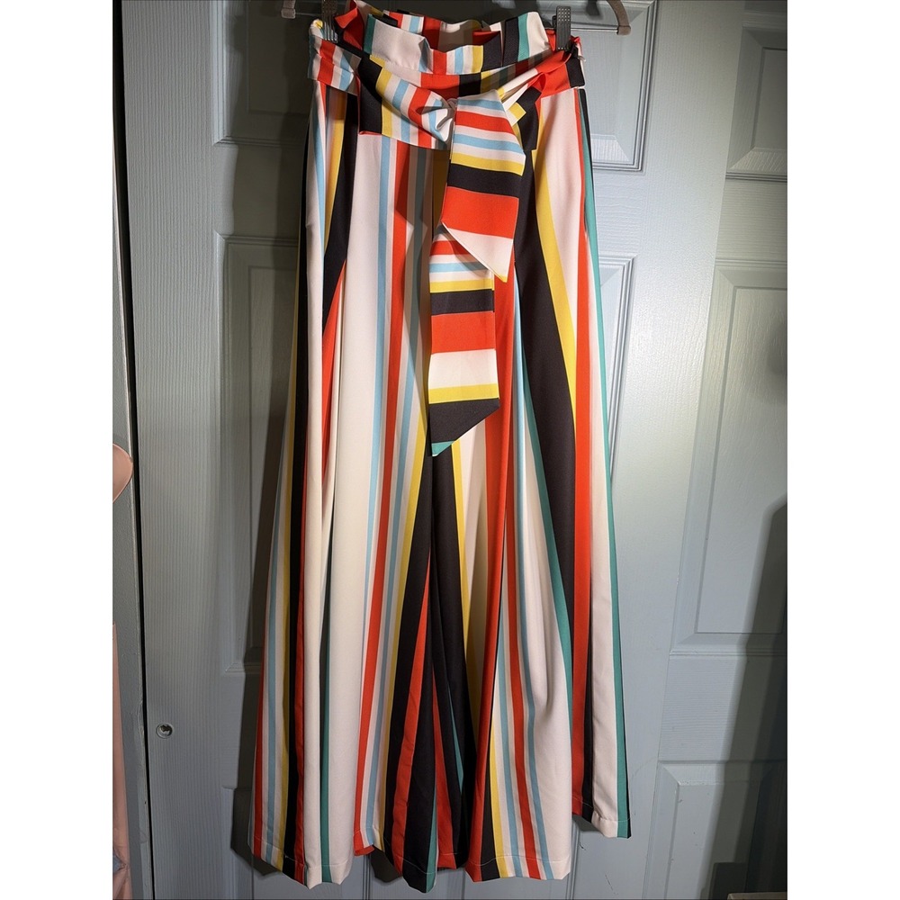 Gracia Wide Leg Bow Belted Striped Pants Sz Small. Pockets. Side Zip. Flowy.